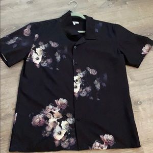 FN: Black silky floral buttoned down